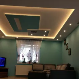 Nowoczesny salon z podwieszanym sufitem z oświetleniem LED, ściany w kolorze turkusowym, kominek z kamienia, okno z białymi firanami.