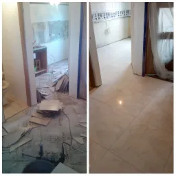 Porównanie stanu podłogi przed i po ułożeniu jasnych, kwadratowych płytek; po lewej stronie widoczne pozostałości starej podłogi i narzędzia, po prawej świeżo ułożona, błyszcząca podłoga.