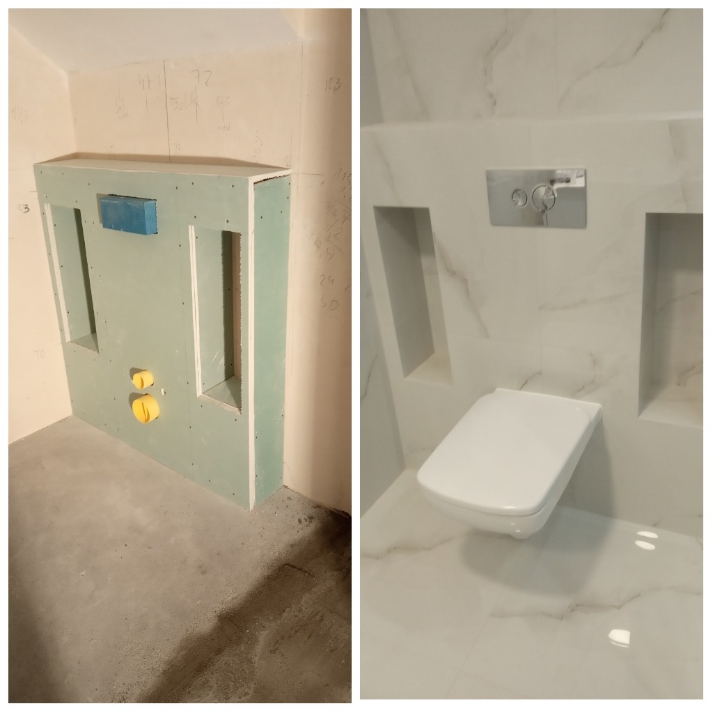 Łazienka w trakcie prac: zabudowa stelaża podtynkowego z płyt gipsowo-kartonowych z widocznymi przyłączami, po prawej stronie gotowa toaleta podwieszana z białymi płytkami imitującymi marmur...