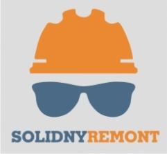 Stylizowana grafika przedstawiająca pomarańczowy kask budowlany i niebieskie okulary, poniżej napis 'SOLIDNYREMONT' na szarym tle. Logo firmy remontowej.