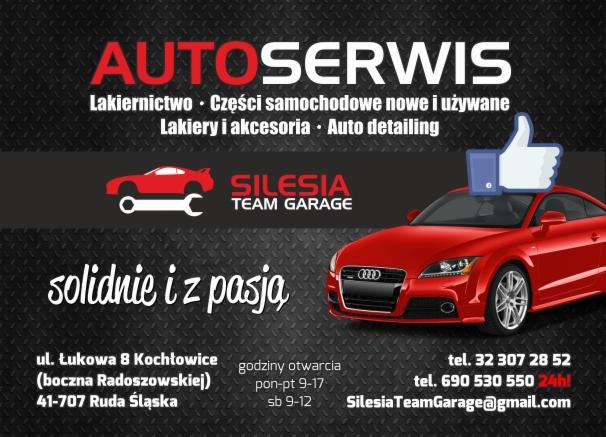 Reklama warsztatu samochodowego Silesia Team Garage z czerwonym Audi TT, logiem firmy, adresem, numerami telefonów i hasłem 'solidnie i z pasją'.