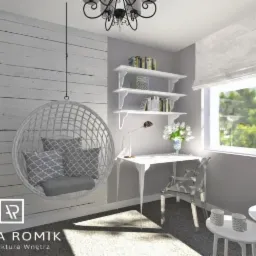 Wizualizacja pokoju z wiszącym ażurowym fotelem, białym biurkiem, transparentnym krzesłem, półkami z książkami i ścianą z paneli w stylu rustykalnym.