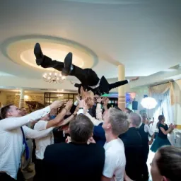 Gość weselny w czarnym garniturze uniesiony przez grupę osób na sali weselnej, w tle widoczny parkiet, oświetlenie i osoby klaszczące.