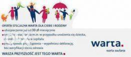 Grafika reklamowa Warta z kolorowymi sylwetkami rodziny, hasłem 'Oferta specjalna Warta dla Ciebie i Rodziny' i informacją o ubezpieczeniu od 33 zł miesięcznie.