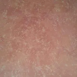 Ściana pokryta dekoracyjną, różową glinką wenecką z wyraźną fakturą i subtelnymi, jaśniejszymi przetarciami.