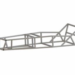 U-Design - Metalowa rama przestrzenna w kolorze szarym, prawdopodobnie podwozie pojazdu, spawana z profili kwadratowych, na białym tle.