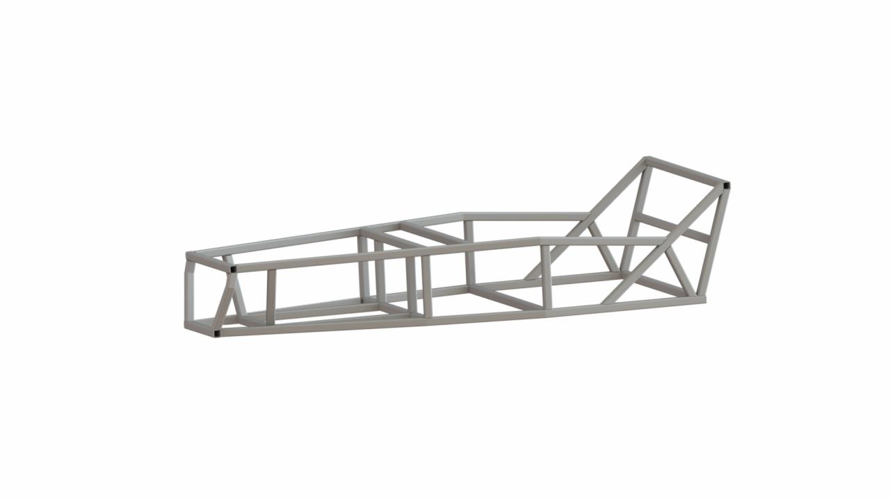 Metalowa rama przestrzenna w kolorze szarym, prawdopodobnie podwozie pojazdu, spawana z profili kwadratowych, na białym tle.