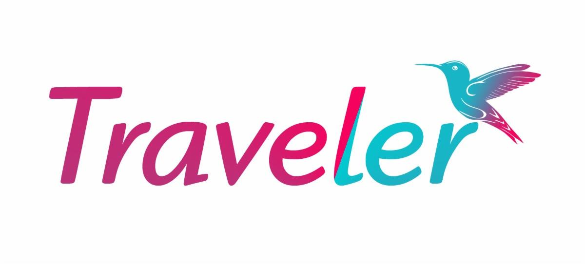 Logo firmy 'Traveler' z kolibrem w kolorach fuksji i turkusu.