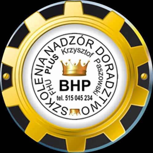 Okrągłe logo firmy z nazwą 'FHU OLENIA PLUS Nadzór Krzysztof Paszowski Doradztwo' w obramowaniu przypominającym zębatkę, z koroną nad skrótem 'BHP' i numerem telefonu.
