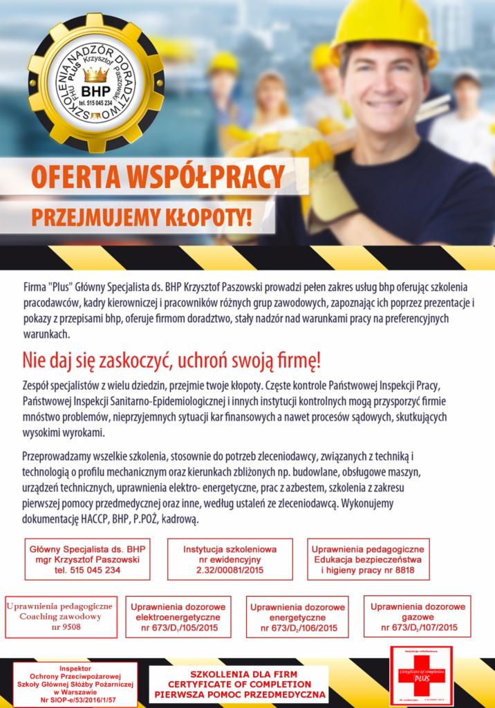 Oferta firmy BHP Krzysztof Paszowski: szkolenia, doradztwo i nadzór BHP, PPOŻ, kadrowe. Na zdjęciu uśmiechnięty mężczyzna w żółtym kasku i logo firmy w lewym górnym rogu.