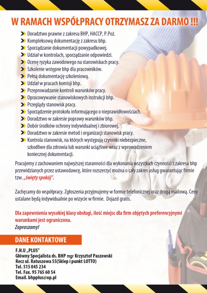 Ulotka reklamowa firmy oferującej kompleksowe usługi w zakresie bezpieczeństwa i higieny pracy, obejmujące doradztwo, dokumentację, szkolenia i kontrole.