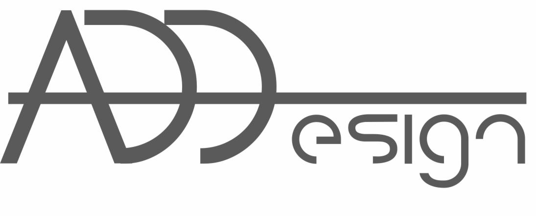 Szare logo 'ADdesign' na białym tle, z połączonymi literami A i D oraz poziomą linią nad napisem design.