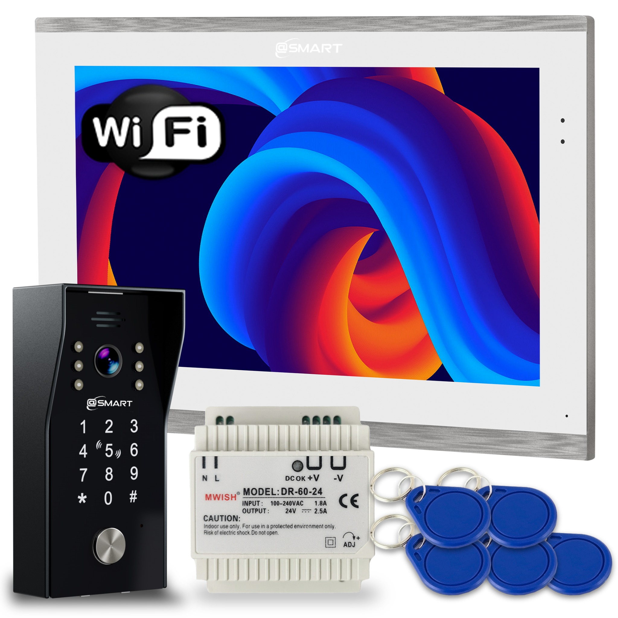 Zestaw wideodomofonowy z panelem dotykowym, klawiaturą numeryczną, zasilaczem i brelokami zbliżeniowymi. Ekran z logo WiFi i abstrakcyjnym tłem.