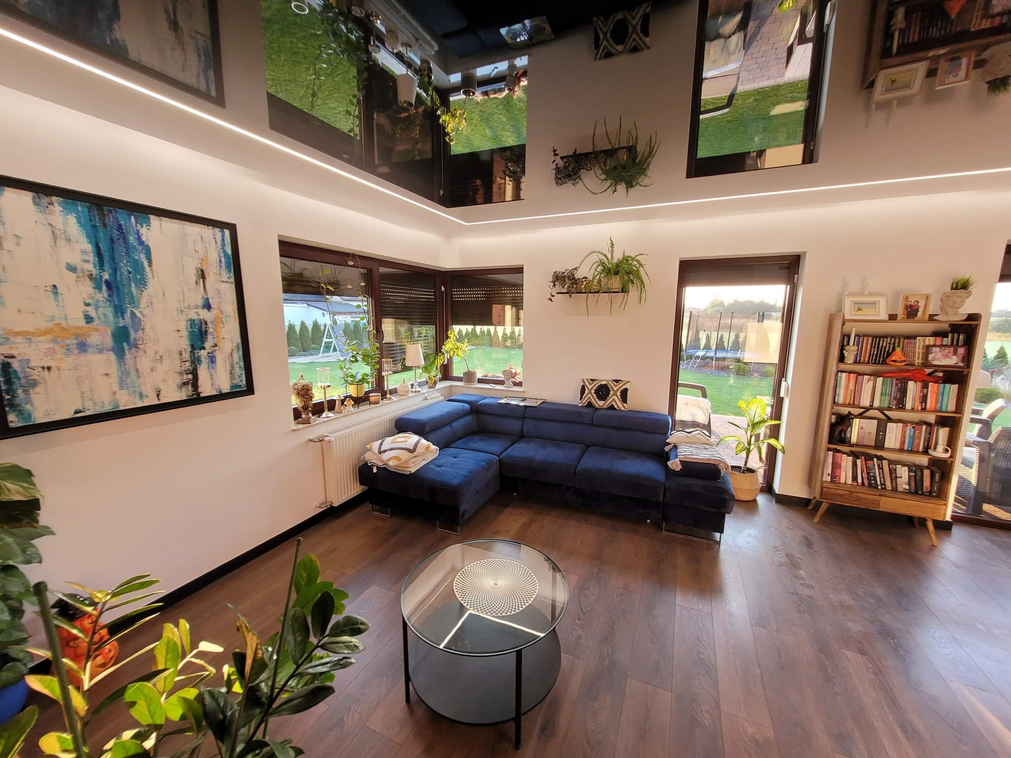 Jasne wnętrze salonu z ciemną podłogą, niebieskim narożnikiem, szklanym stolikiem kawowym i roślinami doniczkowymi, widok na ogród przez okna.