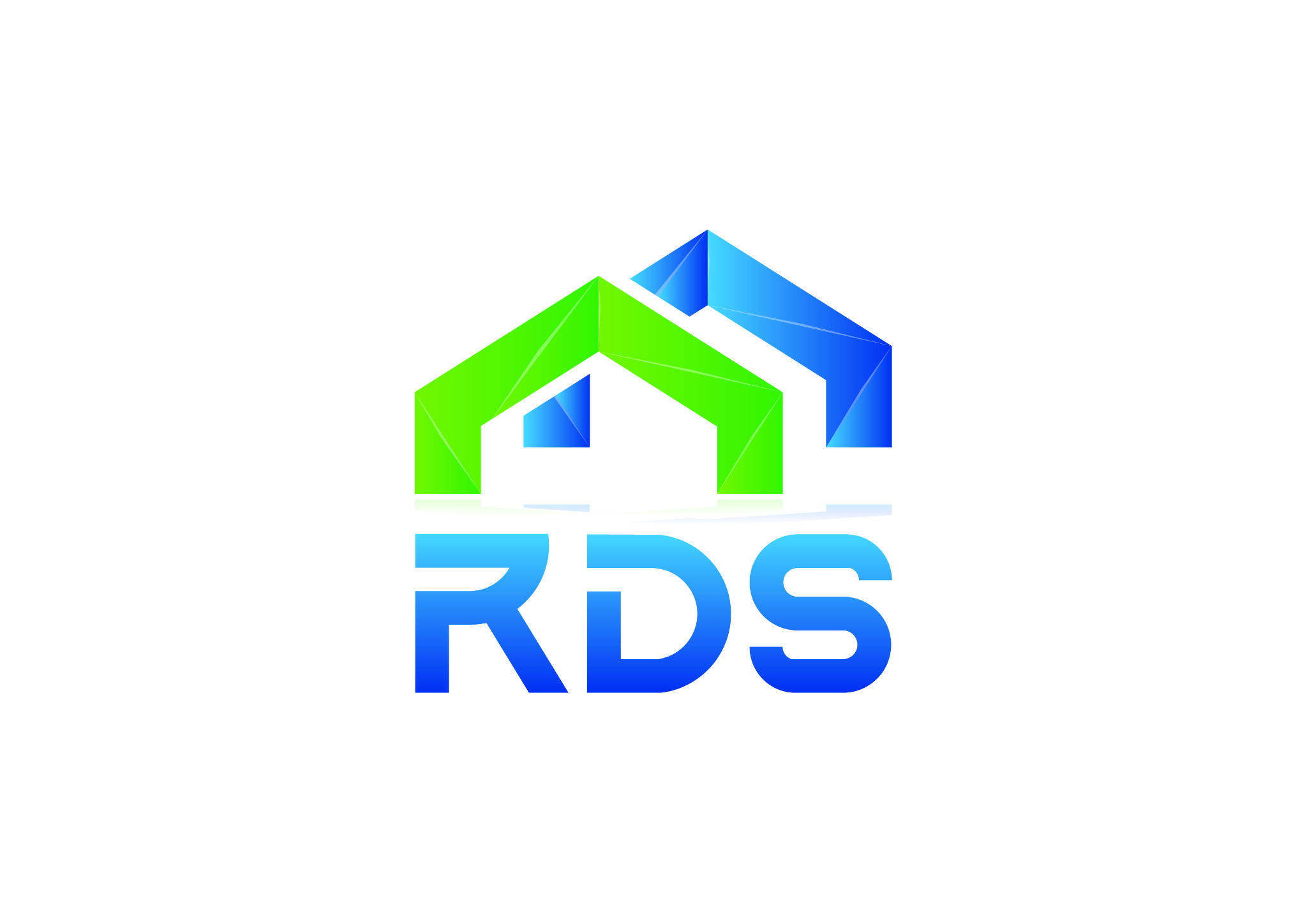 Graficzne logo firmy RDS przedstawiające dwa stylizowane domy w kolorach zielonym i niebieskim, z gradientem, na białym tle.