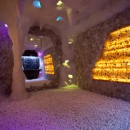 Grota solna z podświetlanymi panelami, imitacją stalaktytów i podłożem z białych kamyczków, oświetlona fioletowym światłem.