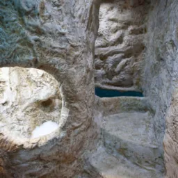 Sztuczna grota z imitacją skał i fragmentem basenu, oświetlona od góry.