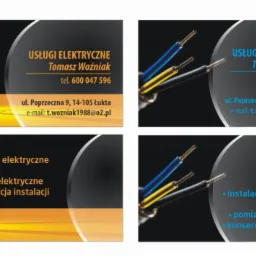 Wizytówka firmy oferującej usługi elektryczne, z żarówką i przekrojem kabla, adres i kontakt.