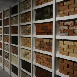 Ekspozycja różnych rodzajów cegieł klinkierowych w sklepie budowlanym, ułożonych w białych regałach, prezentacja kolorów i faktur.