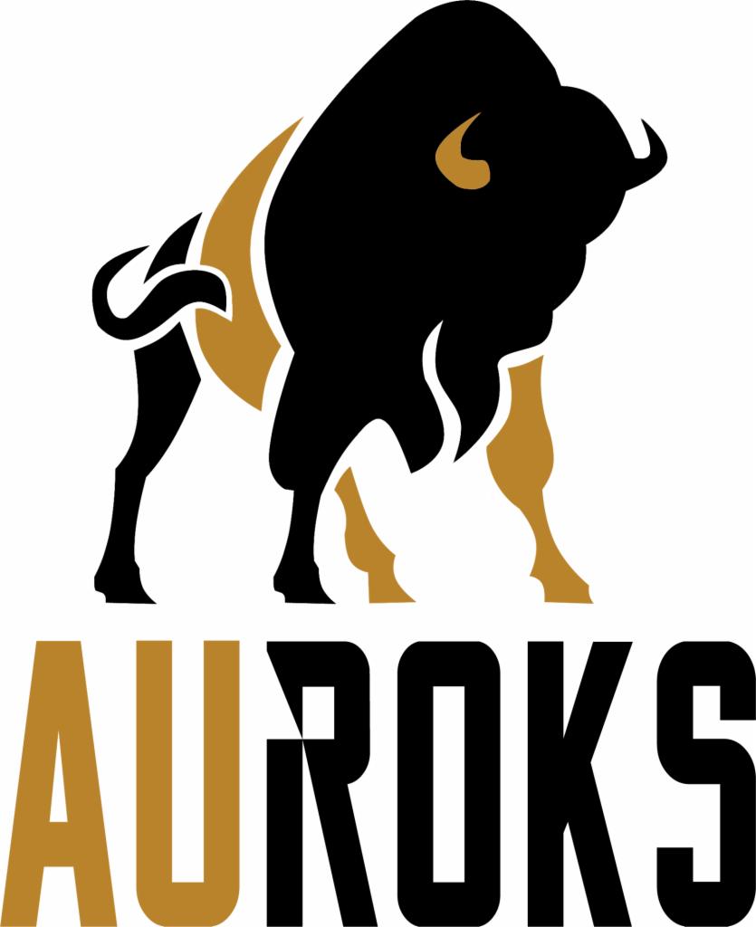 Stylizowany logotyp: czarny żubr z elementami w kolorze złota, nad napisem AUROKS, również w kolorach czerni i złota, na białym tle.