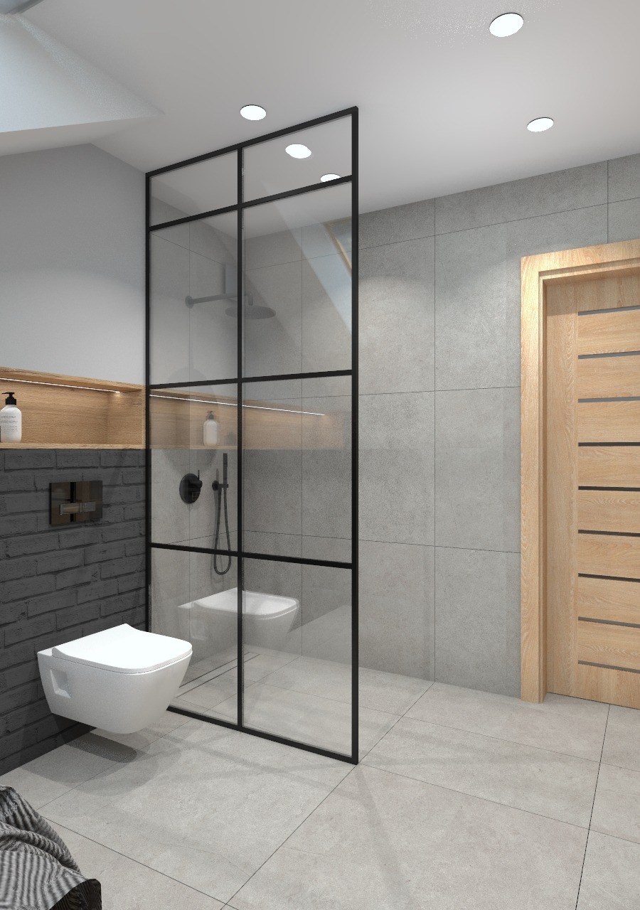 Nowoczesna łazienka z kabiną prysznicową typu walk-in z czarnymi szprosami, podwieszaną toaletą na tle ściany z szarej cegły i drewnianą półką z oświetleniem LED.