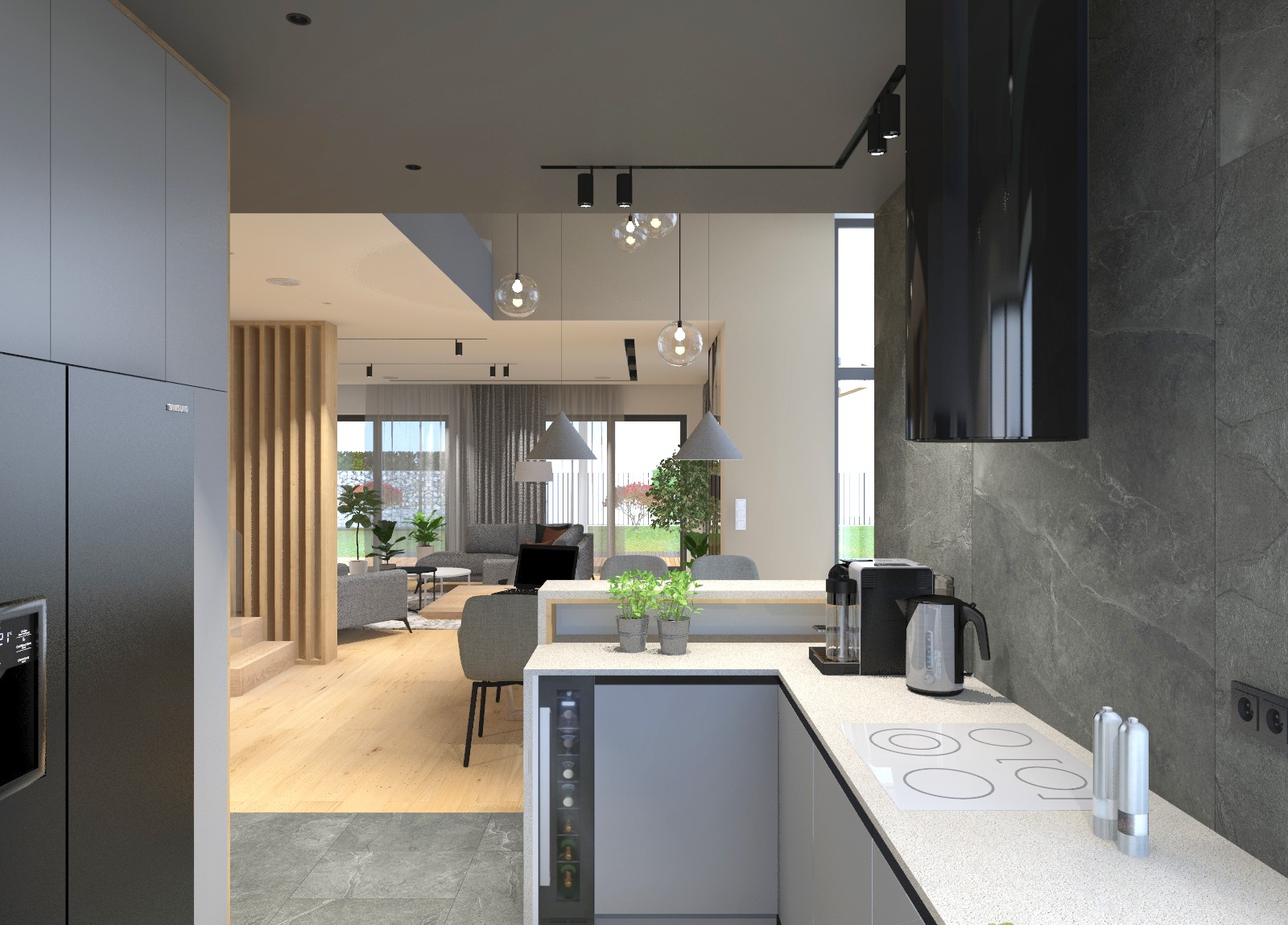 Wnętrze nowoczesnego domu: widok z kuchni na salon, z elementami szarości i drewna, oświetlenie punktowe i wiszące lampy kuliste.