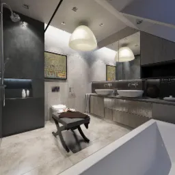 Nowoczesna łazienka z szarą armaturą, podwójną umywalką nablatową, wiszącą toaletą, designerską lampą i obrazem na ścianie, widok zza krawędzi wanny.