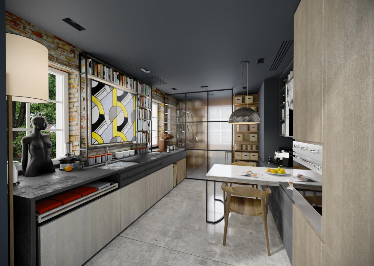 Nowoczesna kuchnia z ceglaną ścianą, regałami na książki i abstrakcyjnym obrazem, minimalistyczny stół z owocami, lampa wisząca w stylu industrialnym.