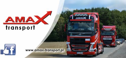 Grafika reklamowa firmy AMAX Transport z czerwonymi ciężarówkami Volvo i DAF w kolumnie na drodze, logo firmy z czerwoną strzałką oraz adres strony internetowej i ikona Facebooka w lewym dolnym rogu.