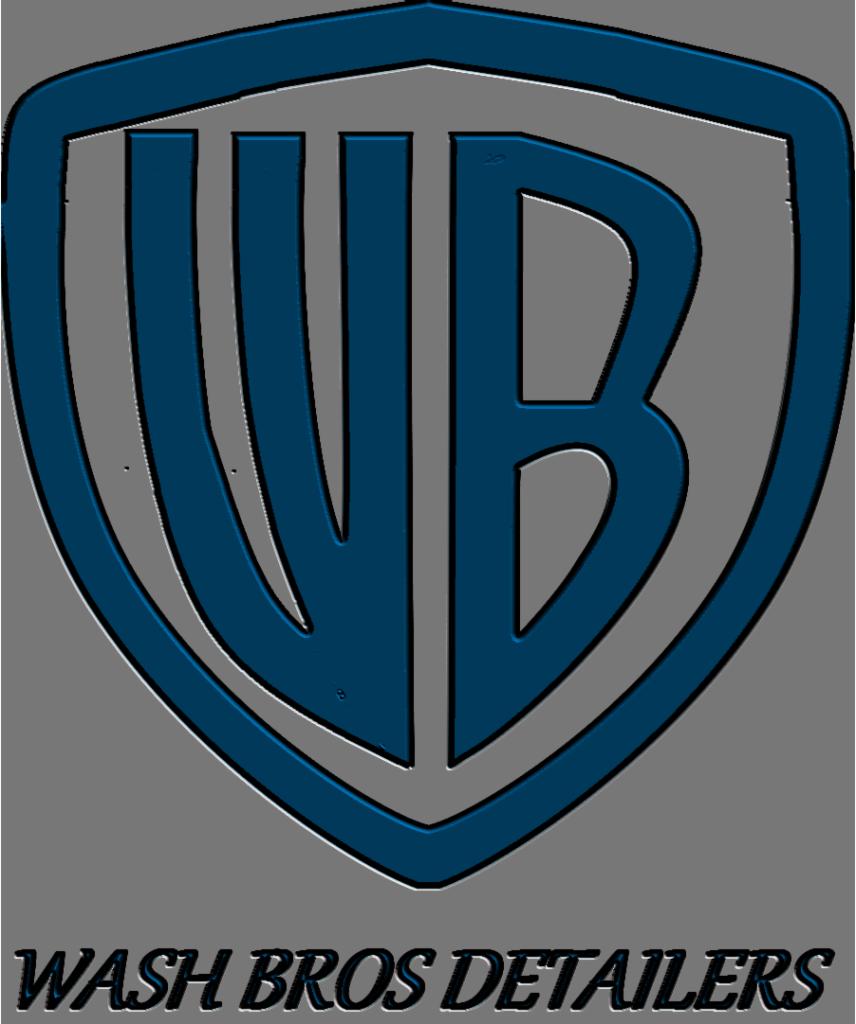 Logo firmy Wash Bros Detailers w kształcie tarczy z inicjałami WB w odcieniach niebieskiego na szarym tle.
