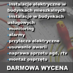 Plakat reklamowy firmy 'INSTAL-FACH' oferującej usługi elektroinstalacyjne w budynkach mieszkalnych i usługowych, w tle plan instalacji i narzędzia.