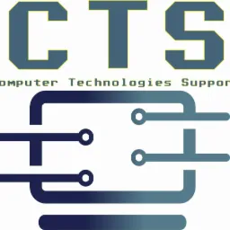 Logo firmy CTS Computer Technologies Support z elementami graficznymi przypominającymi schemat elektryczny lub połączenia sieciowe w odcieniach niebieskiego i żółtego.