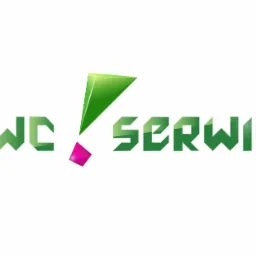 Logo firmy 'WC Serwis' z zielonymi literami o geometrycznym kroju i stylizowanym wykrzyknikiem z zielonym trójkątem i różowym rombem.