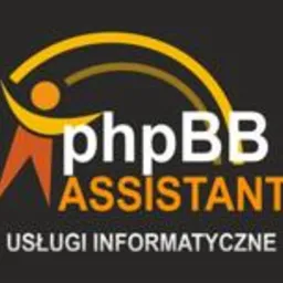 Logo firmy informatycznej: stylizowana postać z pomarańczową głową i ramionami w kształcie litery A, napis phpBB Assistant, pod spodem USŁUGI INFORMATYCZNE.