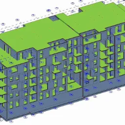 Wizualizacja 3D budynku wielorodzinnego z zaznaczonymi elementami konstrukcyjnymi i instalacyjnymi, widok z góry.