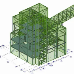 Wizualizacja 3D szkieletu stalowego budynku przemysłowego z rampą, widok izometryczny z naniesionymi wymiarami i oznaczeniami technicznymi.