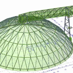 Wizualizacja 3D kopuły z konstrukcji stalowej z dołączonym pomostem, widok z góry na planie architektonicznym.