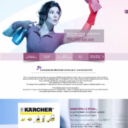 Kobieta w fioletowej koszulce i rękawicach, trzymająca niebieski spryskiwacz i fioletową ściereczkę z mikrofibry, na tle strony internetowej firmy sprzątającej Lawenda z Kielc.