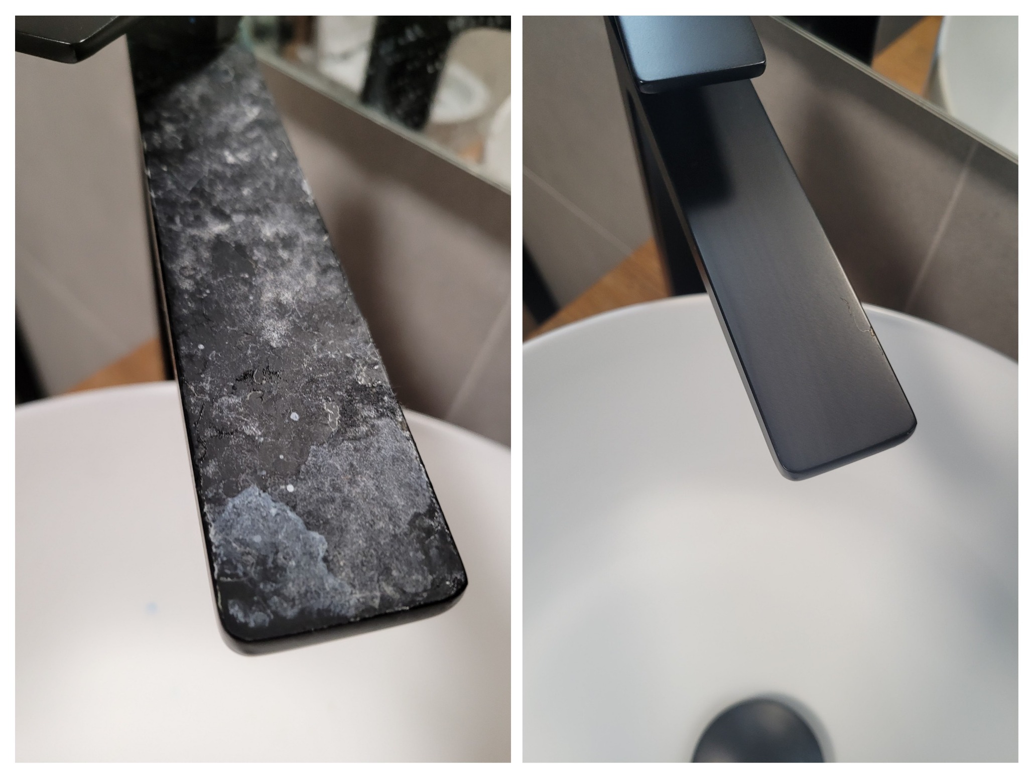 Kran łazienkowy przed i po czyszczeniu z osadu kamiennego. Po lewej stronie widoczny osad, po prawej czysty, czarny kran. Biała umywalka w tle.