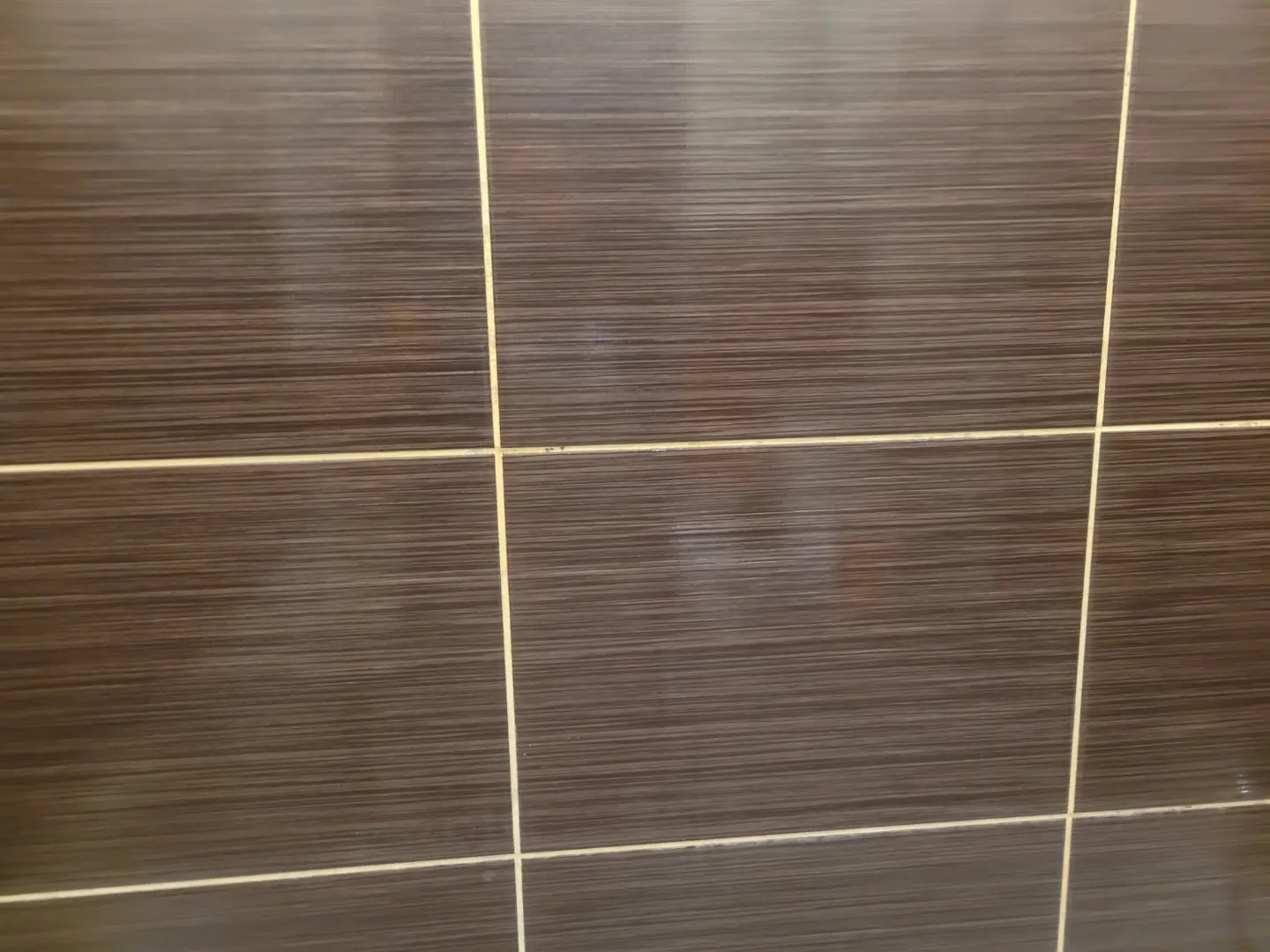 Błyszczące, brązowe płytki ceramiczne z poziomym wzorem drewna i jasnymi fugami, ułożone w regularną siatkę. Widoczne drobne zabrudzenia w fugach.