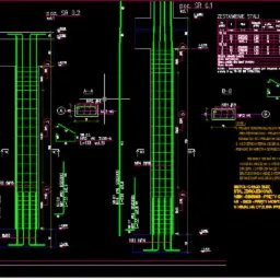 Rzut techniczny konstrukcji stalowej z detalami zbrojenia i zestawieniem stali, wyświetlany na czarnym tle.