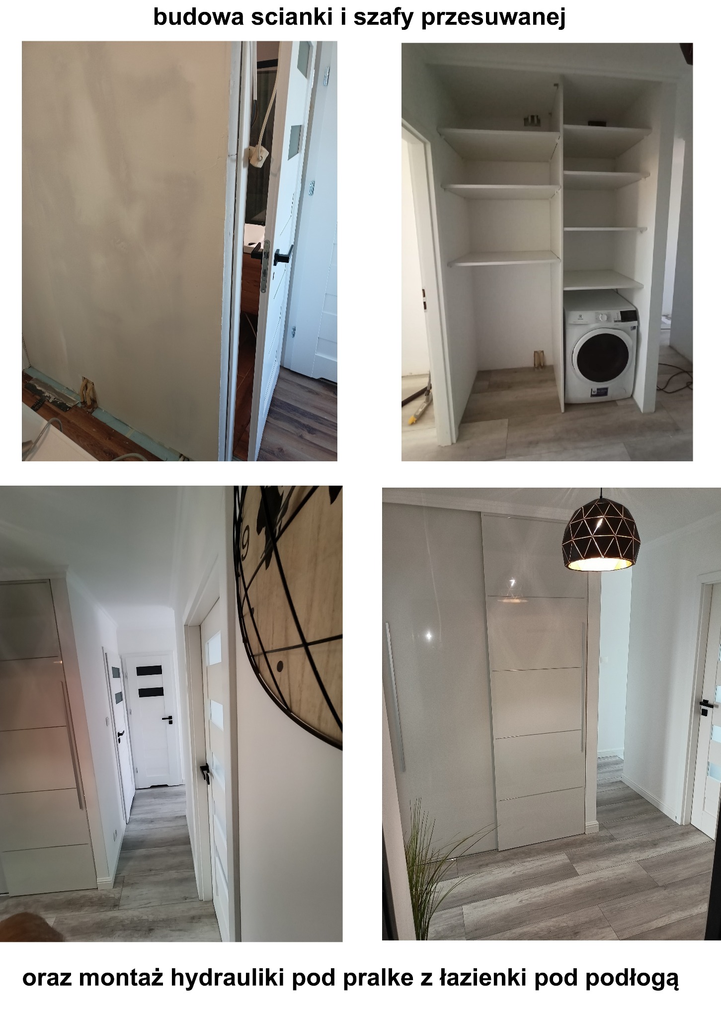 Budowa ścianki działowej i szafy przesuwnej z miejscem na pralkę, widoczne etapy prac wykończeniowych i podłączenie hydrauliki pod pralkę w łazience, szara podłoga imitująca drewno.