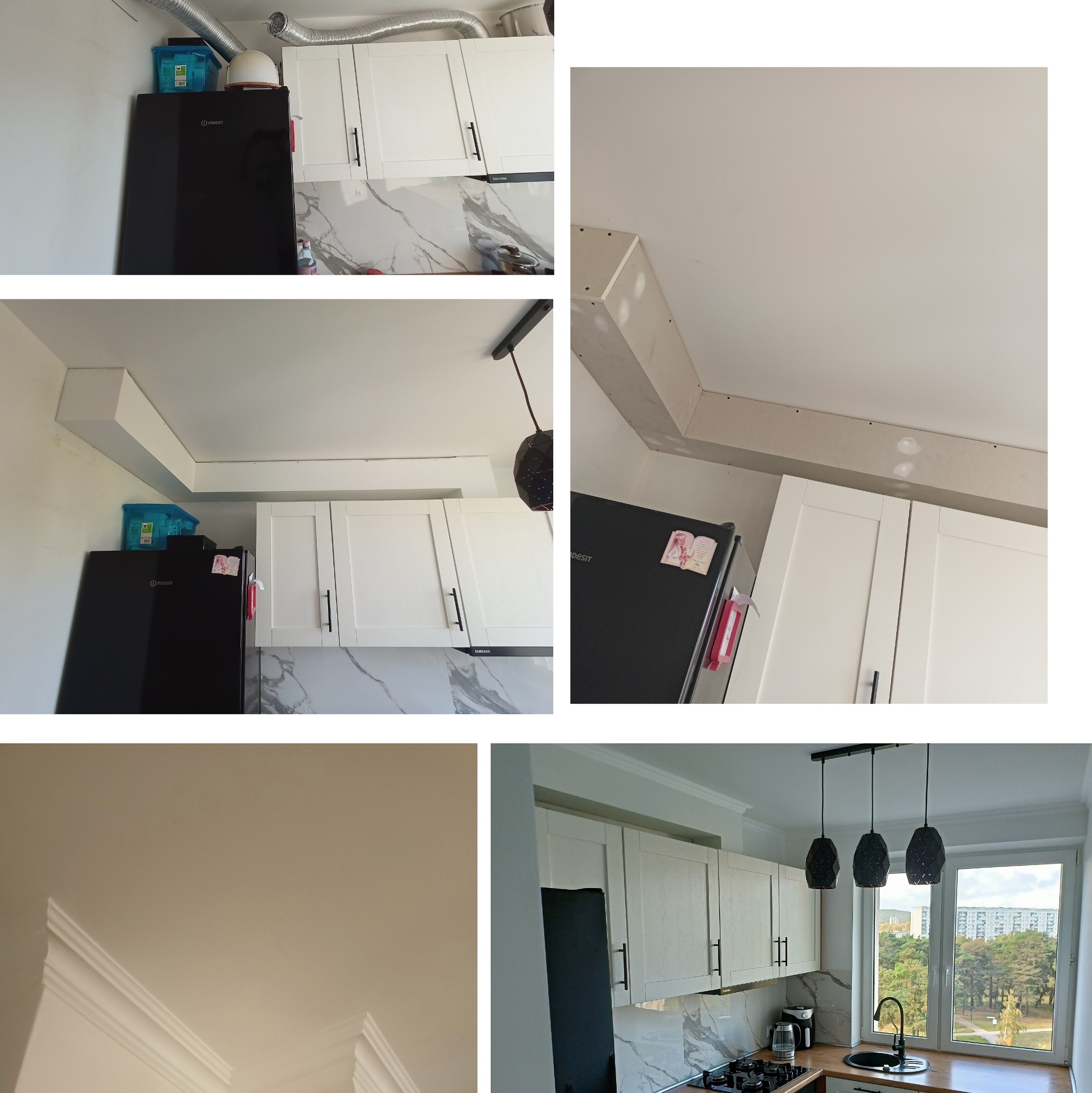 Wykończenie sufitu w kuchni z zabudową kartonowo-gipsową przed malowaniem, widoczne białe szafki, czarna lodówka i marmurowe płytki na ścianie.