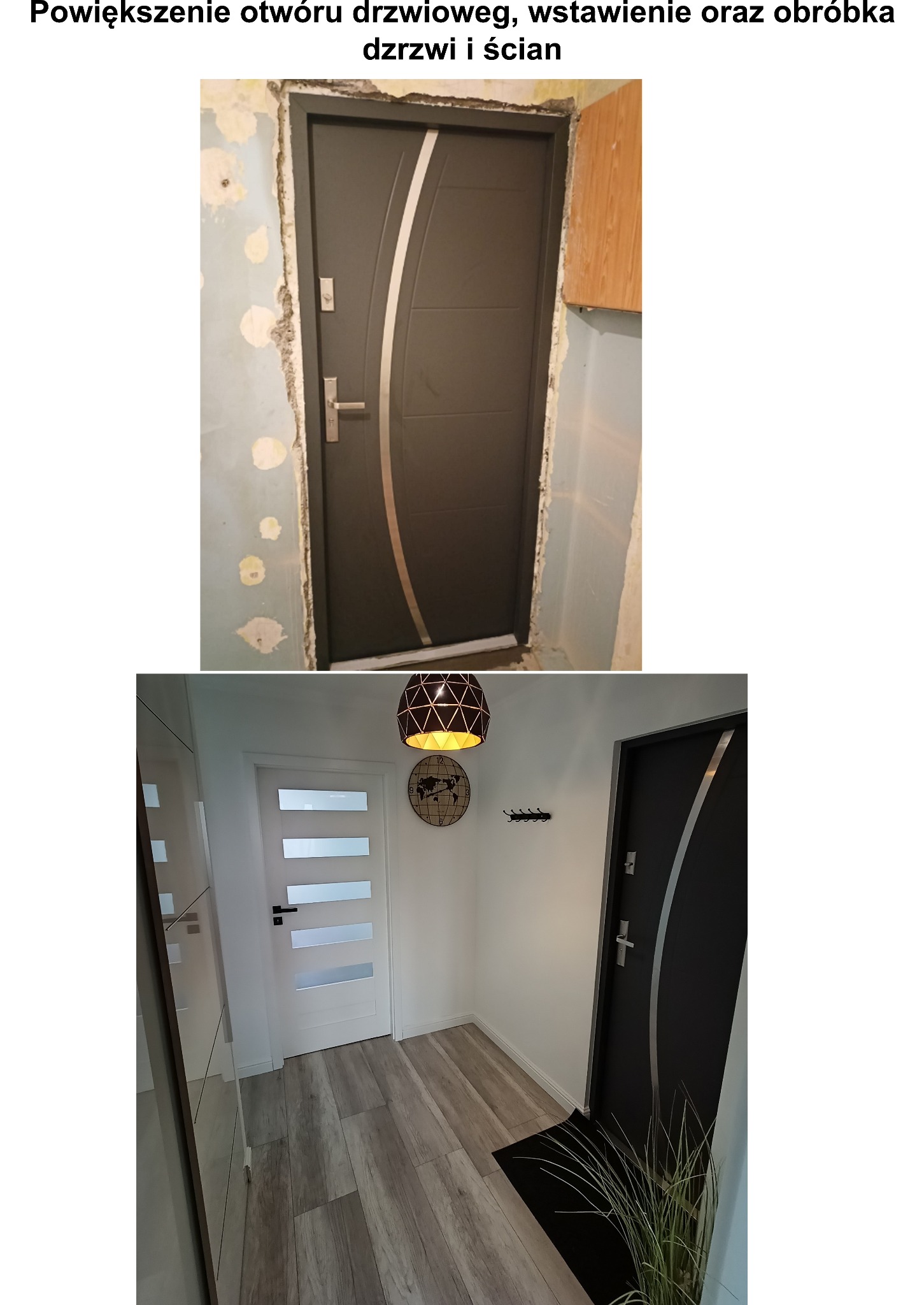 Montaż szarych drzwi wejściowych z srebrnym paskiem w nowym otworze, widoczne ślady po kuciu w ścianie i wykończone wnętrze z drewnianą podłogą i białymi ścianami.
