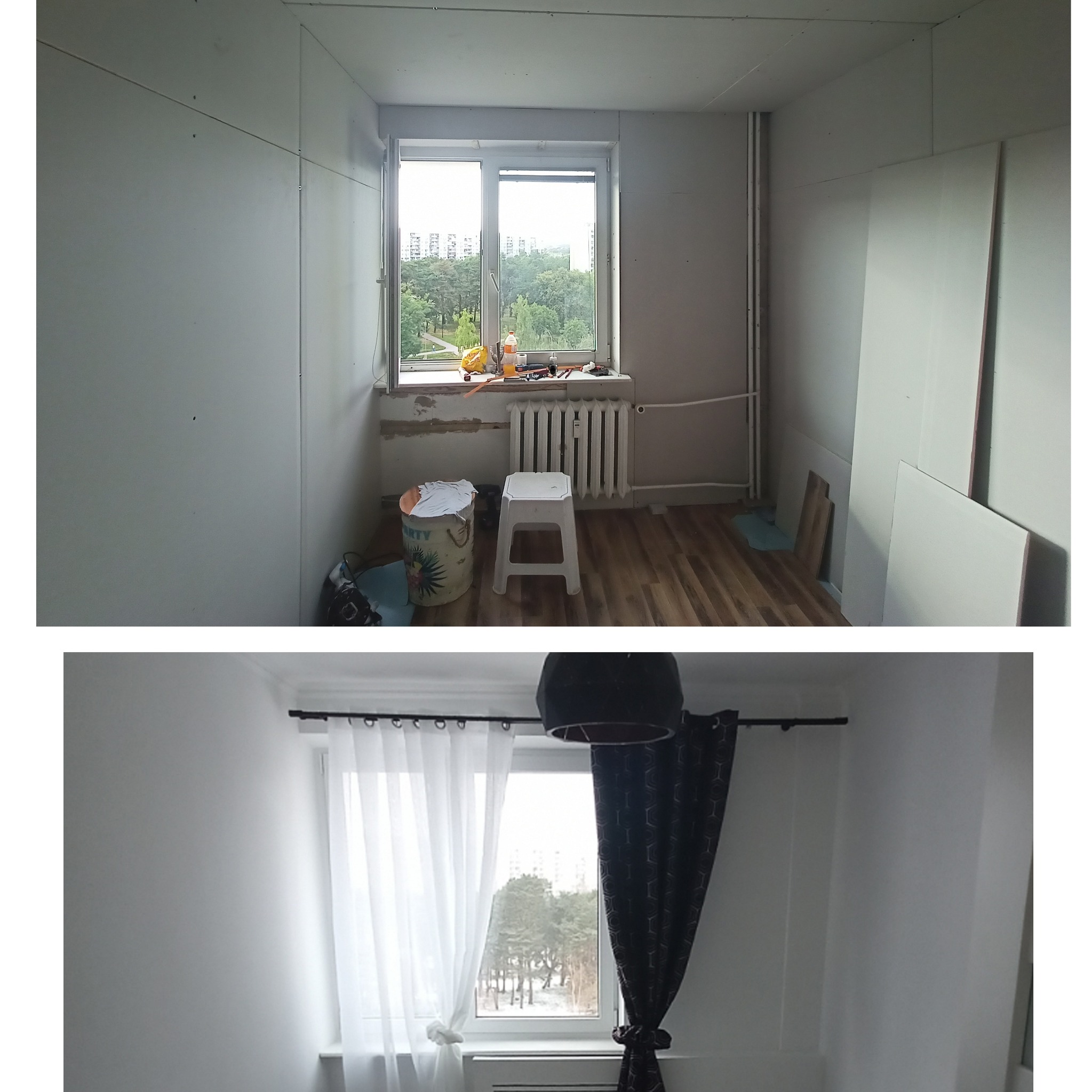 Dwa ujęcia tego samego pokoju: pierwsze przedstawia stan przed remontem z widocznymi płytami gipsowo-kartonowymi przy ścianach, wiadrem, stołkiem i narzędziami na parapecie; drugie pokazuje pokój...