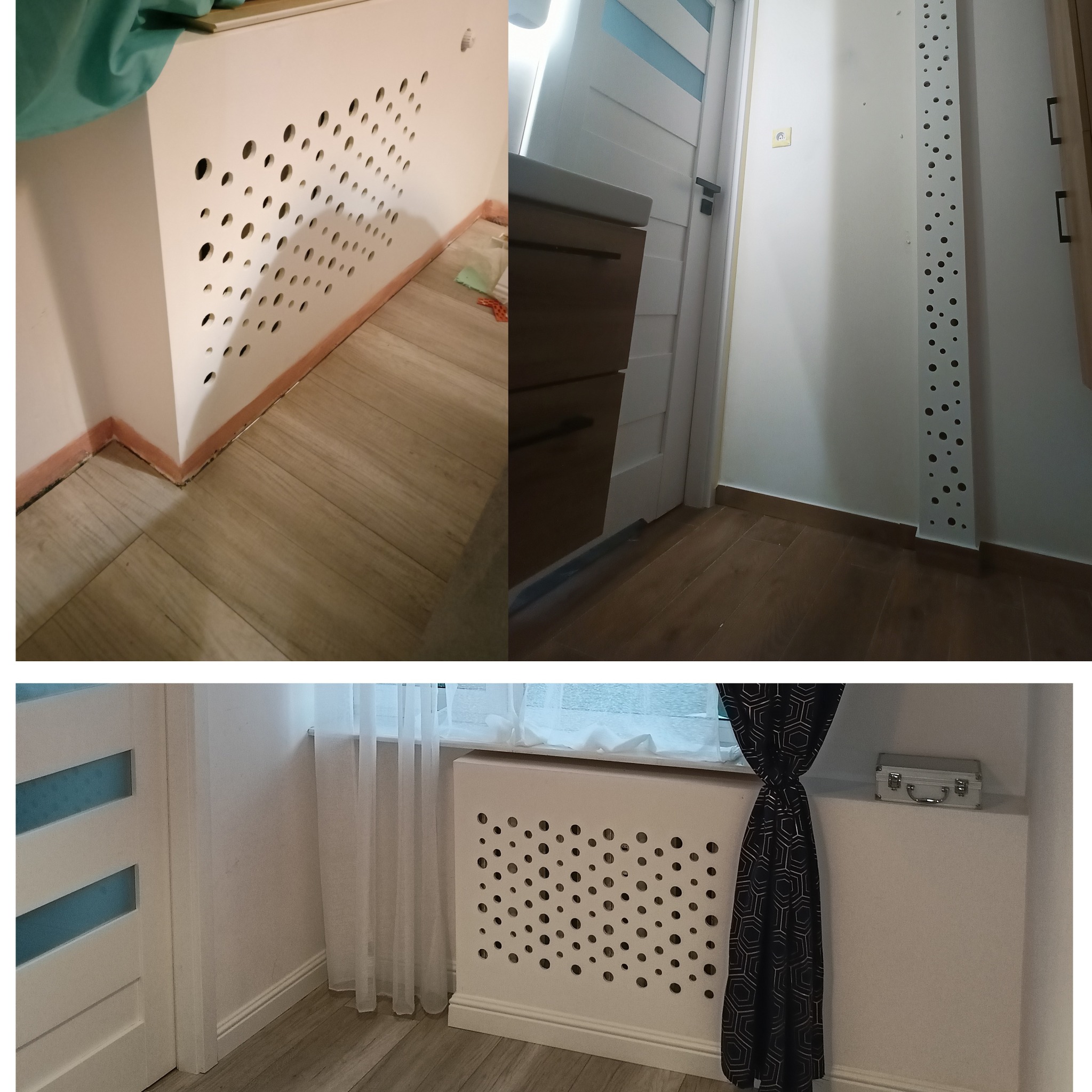 Biała obudowa grzejnika z otworami w kształcie kółek, zamontowana w pokoju z panelami podłogowymi, widoczna z różnych perspektyw.