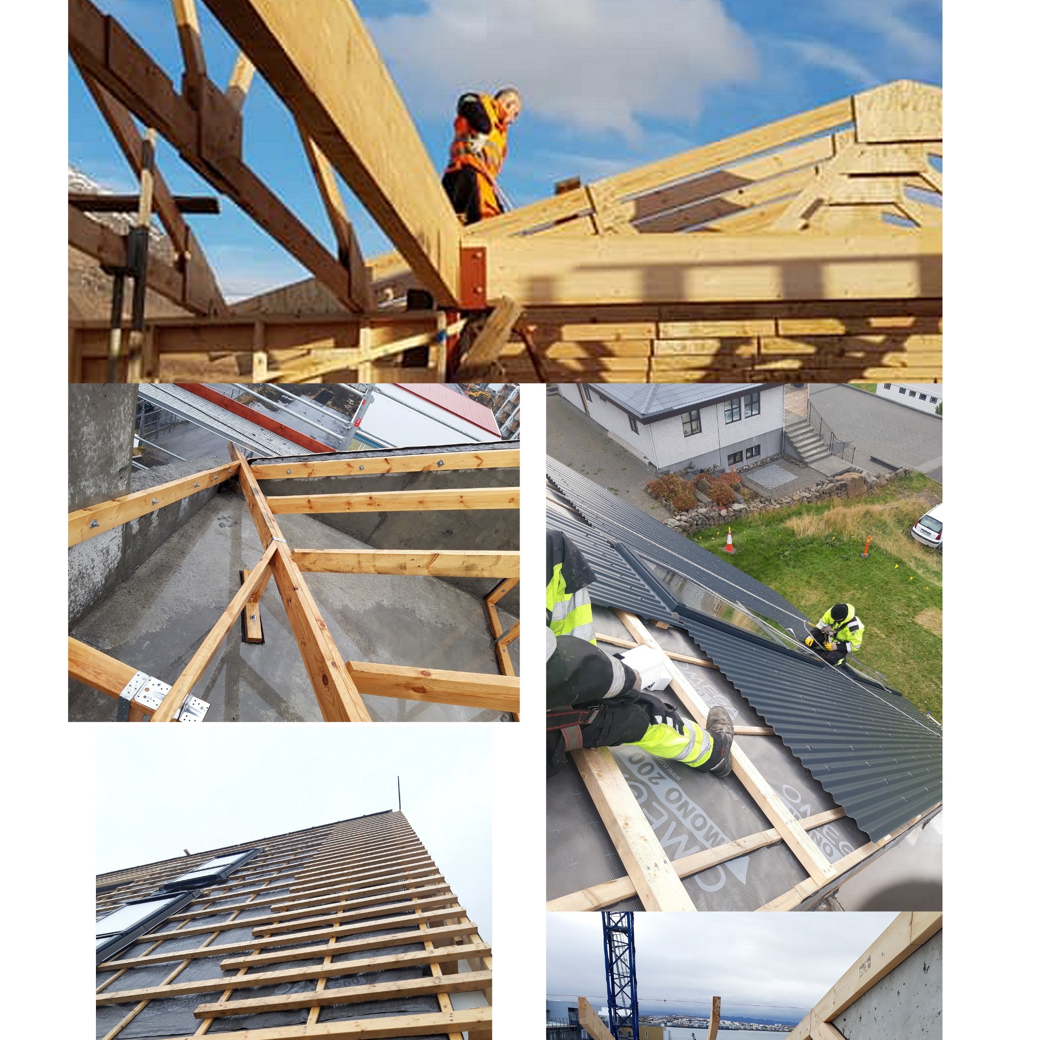 Montaż konstrukcji dachu z drewnianych belek oraz blachy trapezowej, widoczne elementy mocujące i pracownicy w odblaskowych ubraniach.