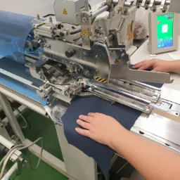 Operator obsługuje zaawansowaną maszynę do szycia automatycznego z ekranem dotykowym, obrabiając granatowy materiał.