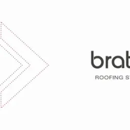 Logo firmy Bratex Roofing Systems z trzema strzałkami w lewo utworzonymi z kropek, symbolizujące kierunek w lewo.