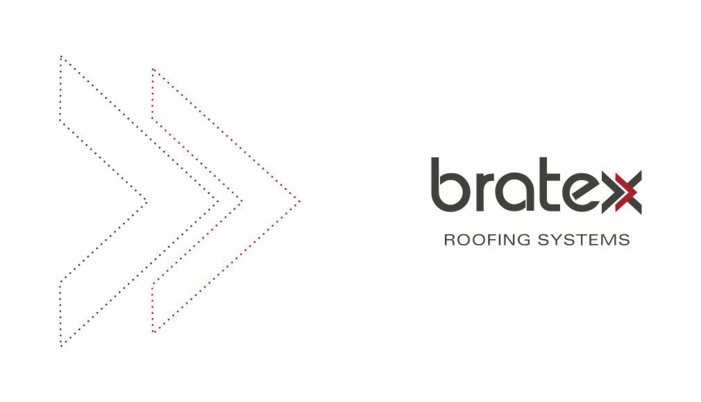 Logo firmy Bratex Roofing Systems z trzema strzałkami w lewo utworzonymi z kropek, symbolizujące kierunek w lewo.
